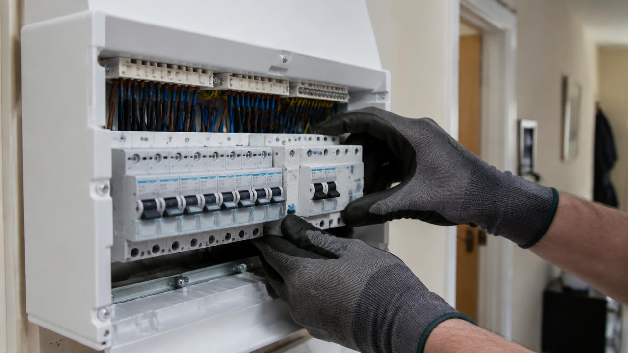 Close up of an electrician's gloved hands fitting circuit breakers into a new white consumer unit on a home hallway wall, with rows of coloured wiring visible inside the open unit