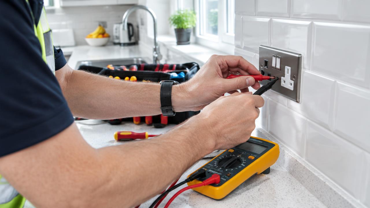 An electrician testing a brushed steel kitchen socket with the probes of a yellow multimeter on the worktop, a toolbox and kettle visible in the bright kitchen behind