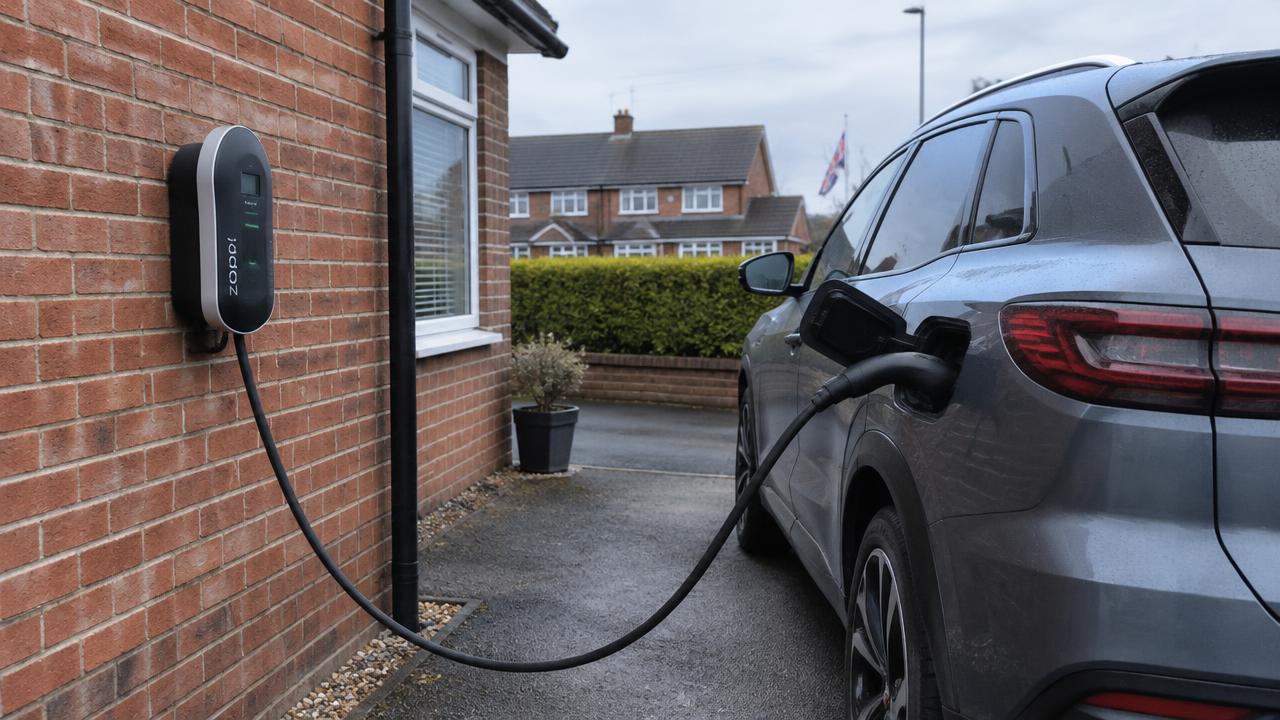 A grey electric car plugged in and charging from a wall mounted charger fixed to the red brick wall of a suburban house, with neighbouring homes across the street
