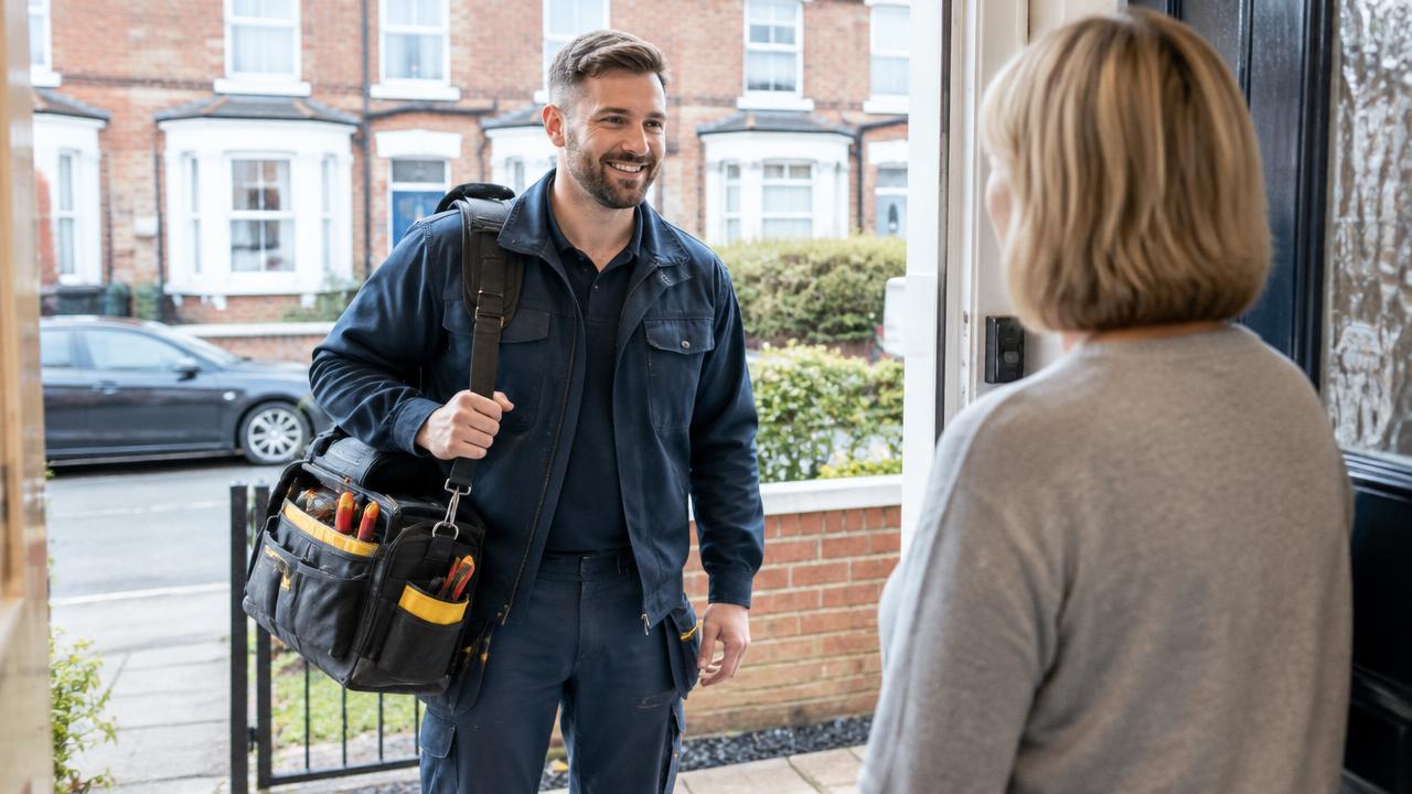A smiling electrician in dark work clothes carrying a shoulder tool bag at the open front door of a brick terraced house, greeting a woman standing inside the doorway