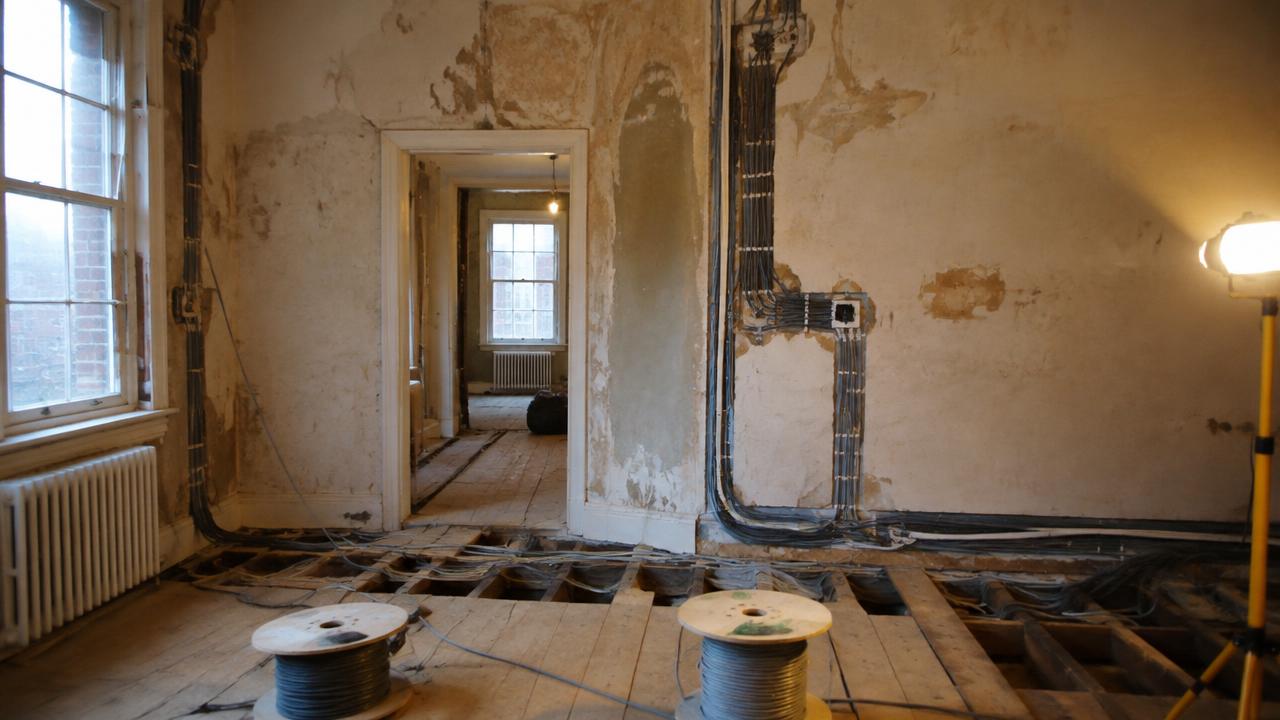 An empty room mid rewire with stripped plaster walls, new grey electrical cables clipped along the walls and across the raised floorboards, two cable drums in the foreground and a work light on a tripod at the right